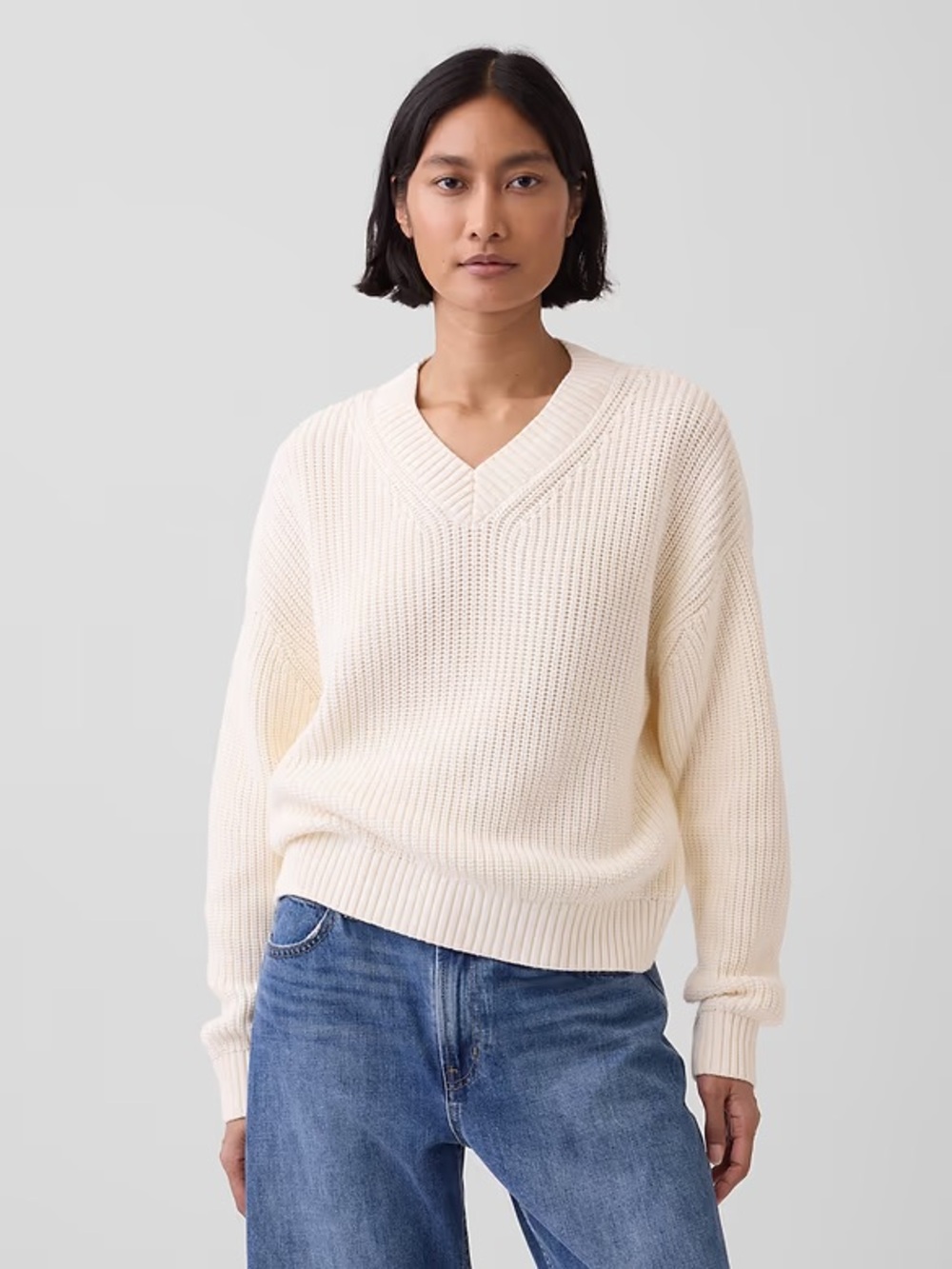 Gap 100% Cotton Oversized Shaker V-Neck Sweater